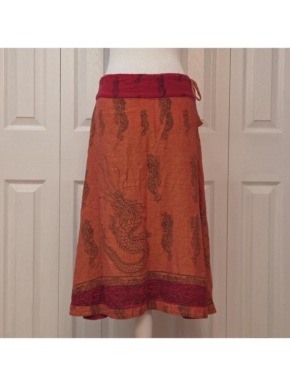 Vintage Y2K Orange Dragon Print Midi Skirt OS (XXS-S) Boho Grunge Indie Festival